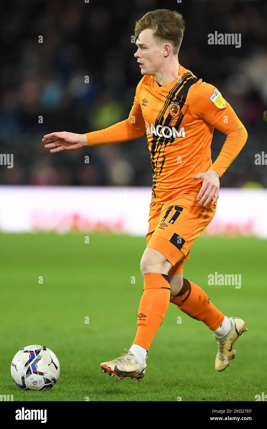 Keane Lewis-Potter of Hull City in action during the Sky Bet Championship match between Derby County and Hull City at the Pride Park, Derby on Tuesday 8th February 2022. (Photo by Jon Hobley/MI News/NurPhoto) Stock Photo