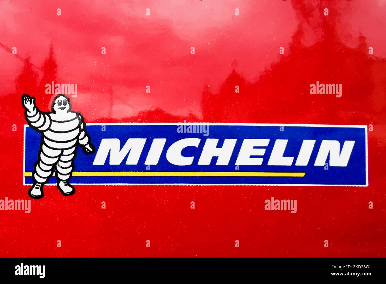 Michelin logo is seen on a restaurant in Krakow, Poland. February 5, 2022. (Photo by Beata Zawrzel/NurPhoto) Stock Photo