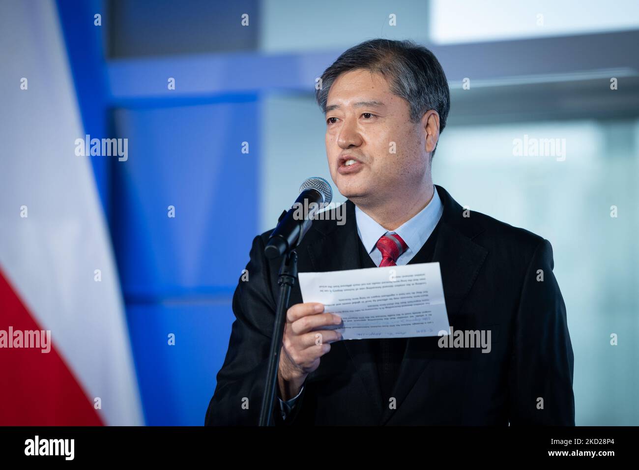 Seong Soo (???) Kang (Incheon International Airport Corporation) during the press conference on air traffic forecasts for Poland and the new Central Polish Airport (Solidarity Transport Hub) prepared by the IATA, at Chopin Airport in Warsaw, Poland, on 8 February 2022 (Photo by Mateusz Wlodarczyk/NurPhoto) Stock Photo