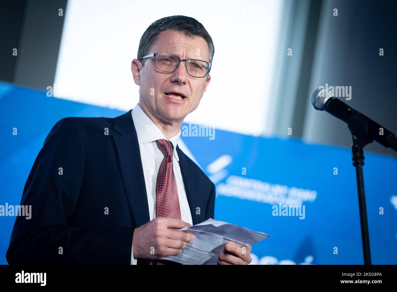 Andrew Gibson (Jacobs) during the press conference on air traffic forecasts for Poland and the new Central Polish Airport (Solidarity Transport Hub) prepared by the IATA, at Chopin Airport in Warsaw, Poland, on 8 February 2022 (Photo by Mateusz Wlodarczyk/NurPhoto) Stock Photo