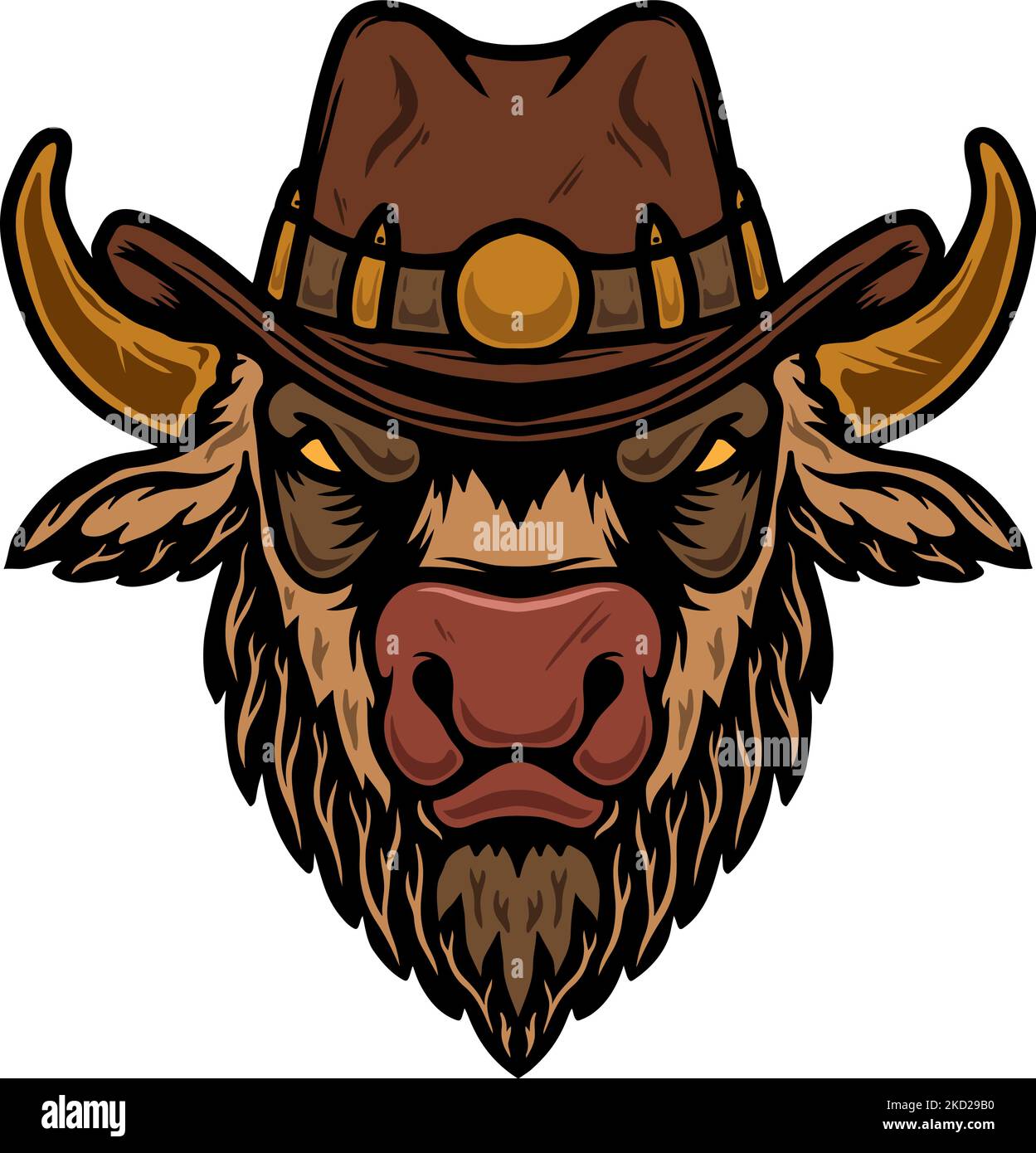 Illustration of buffalo in cowboy hat. Design element for poster, t shirt, sign. Vector illustration Stock Vector