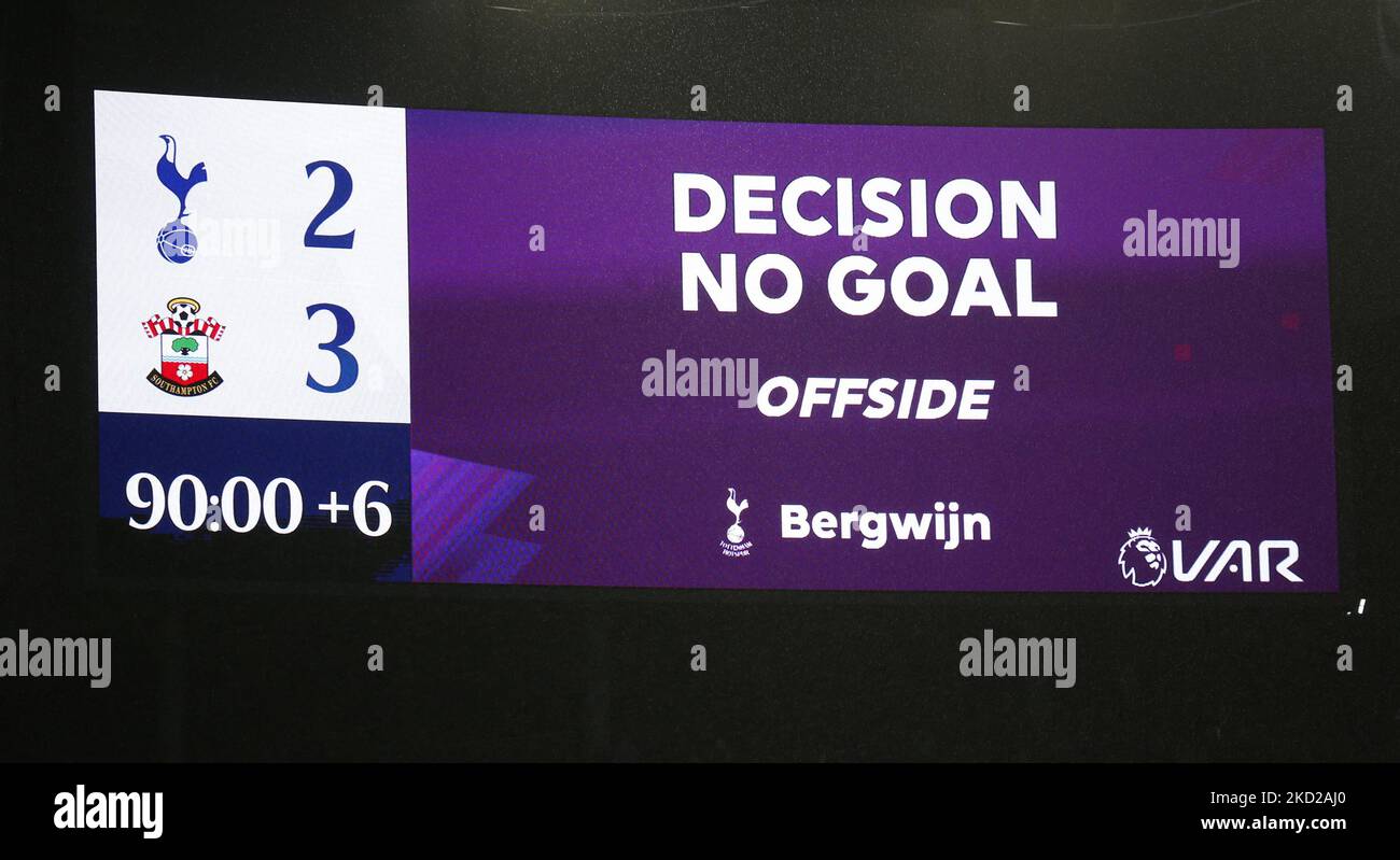 scoreboard shows no goalduring Premier League between Tottenham Hotspur and Southampton at Tottenham Hotspur stadium , London, England on 09th February 2022 (Photo by Action Foto Sport/NurPhoto) Stock Photo