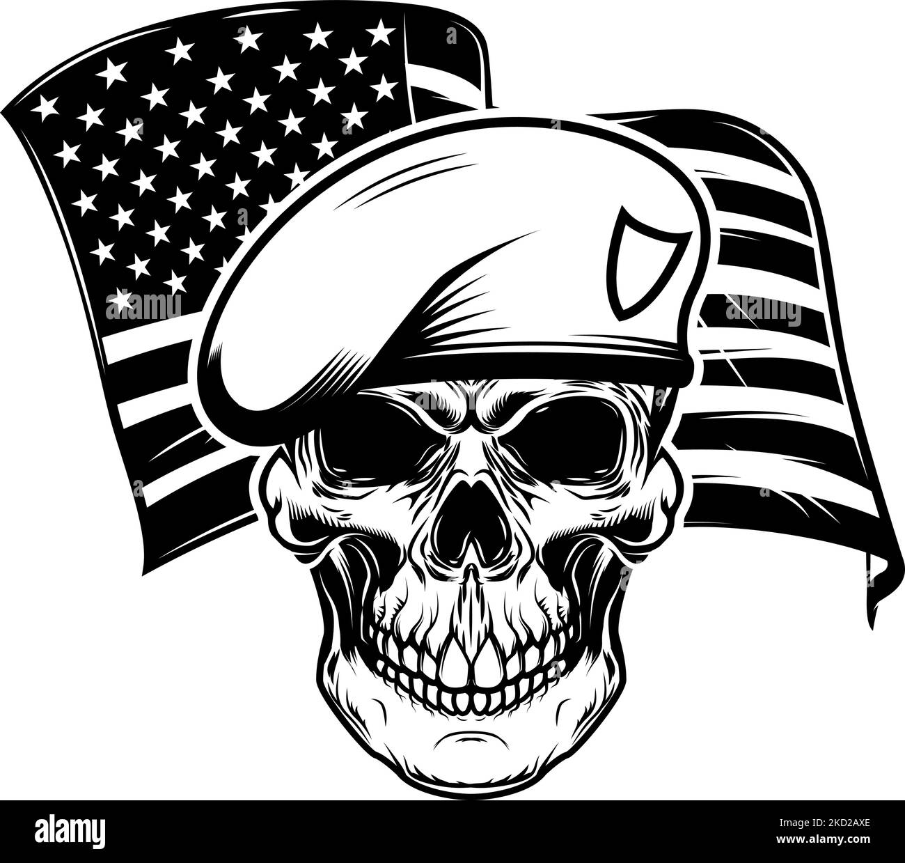 Soldier skull on usa flag background. Soldier skull. Design element for poster, card, banner, sign. Vector illustration Stock Vector
