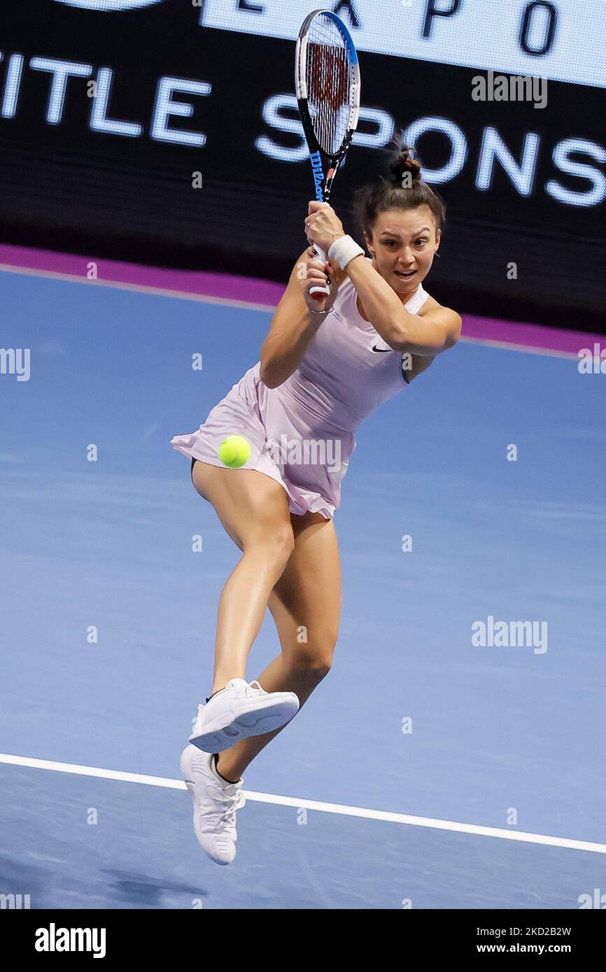 Jaqueline Cristian of Romania returns the ball to Aliaksandra Sasnovich of  Belarus during the women's singles Round of 16 match of the WTA 500 St.  Petersburg Ladies Trophy 2022 International Tennis Tournament