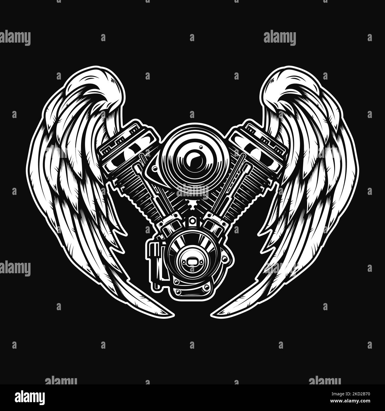 Illustration of twin engine with wings in engraving style. Design