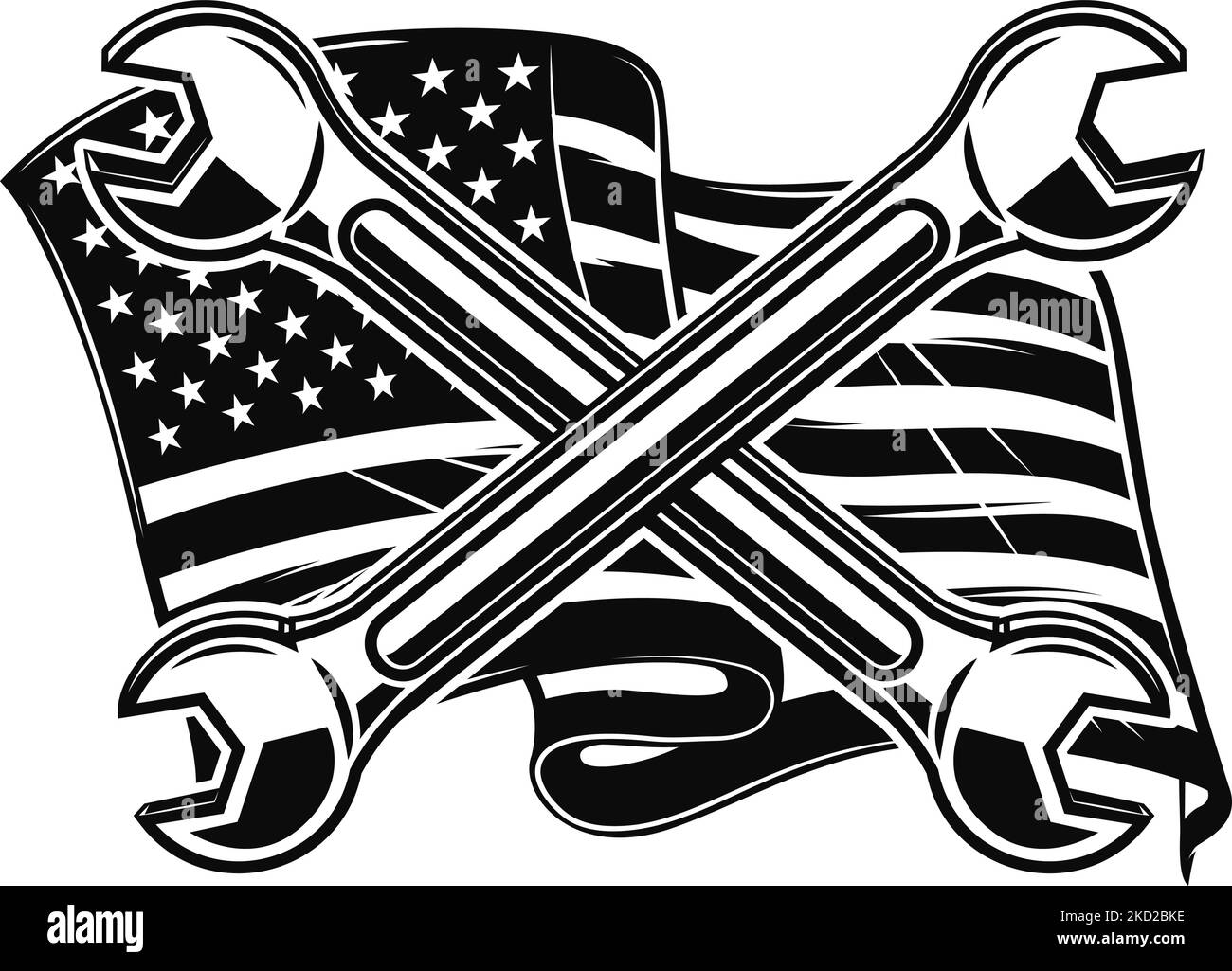 Illustration of crossed pipe wrenches on us flag background. Design element for poster, card, banner, sign. Vector illustration Stock Vector