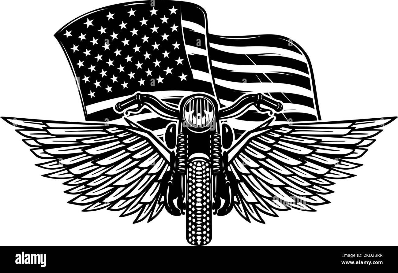 Illustration of winged motorcycle on american flag background. Design