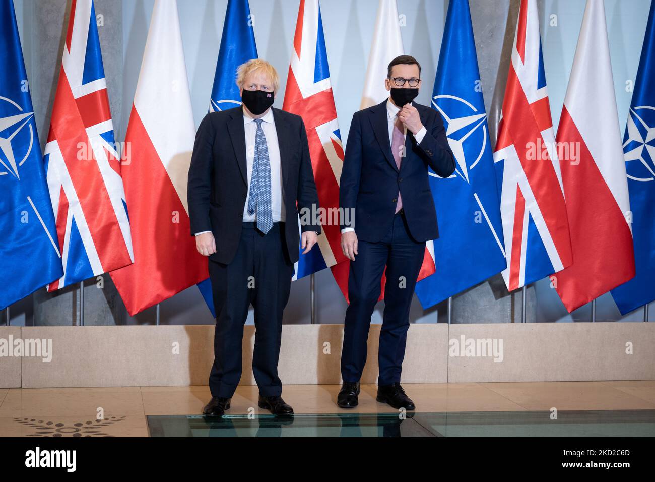 British Prime Minister Boris Johnson meets with Polish Prime Minister Mateusz Morawiecki in Warsaw, Poland, on 10 February 2022. (Photo by Mateusz Wlodarczyk/NurPhoto) Stock Photo