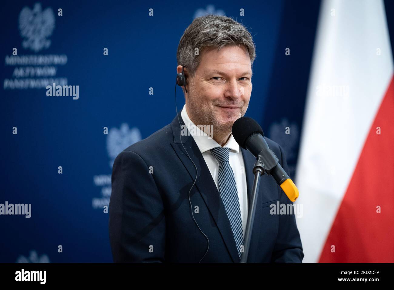 Vice-Chancellor of Germany Robert Habeck during a press conference with Polish Deputy Prime Minister Jacek Sasin, in Warsaw, Poland on 11 February 2022 (Photo by Mateusz Wlodarczyk/NurPhoto) Stock Photo