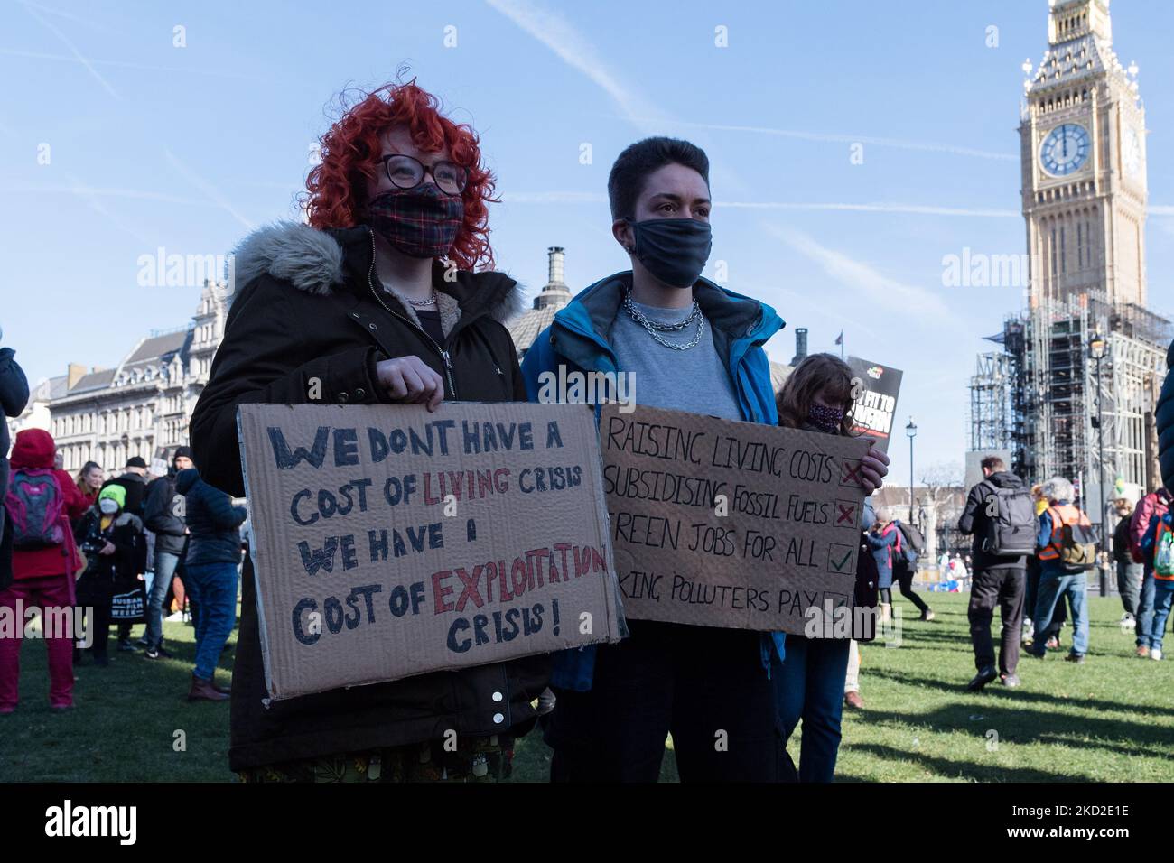 LONDON, UNITED KINGDOM - FEBRUARY 12, 2022: Demonstrators protest in Parliament Square against rising household energy bills, inflation-driven rise in prices and increase in National Insurance contribution amid stagnant wages calling on the government to act to tackle the cost of living crisis on February 12, 2022 in London, England. From April households across the UK will face a significant squeeze on their budgets as the energy price cap will increase by 54% due to global fuel and energy crisis and the National Insurace contribution will rise by 1.25 percent combined with high rates of infl Stock Photo