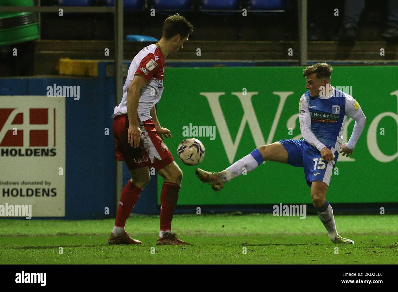 Barrow's Robbie Gotts in action with Stevenage's Terence Vancooten during the Sky Bet League 2 match between Barrow and Stevenage at the Holker Street, Barrow-in-Furness on Saturday 12th February 2022. (Photo by Mark Fletcher/MI News/NurPhoto) Stock Photo