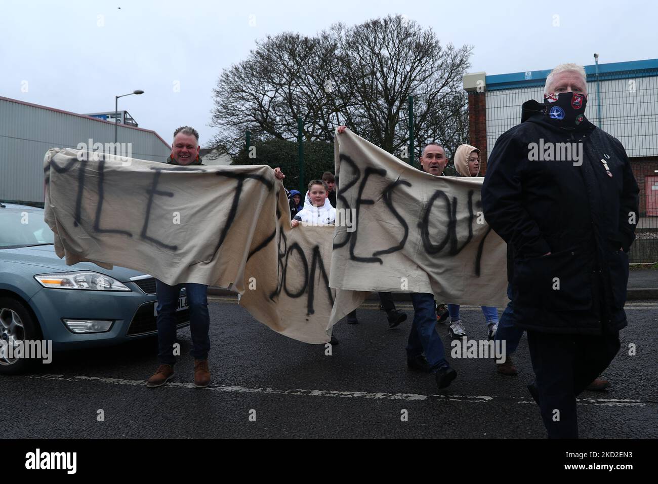 Walsall fans protest over the running of the club ahead of the Sky Bet League 2 match between Walsall and Tranmere Rovers at the Banks' Stadium, Walsall on Saturday 12th February 2022. (Photo by Kieran Riley/MI News/NurPhoto) Stock Photo