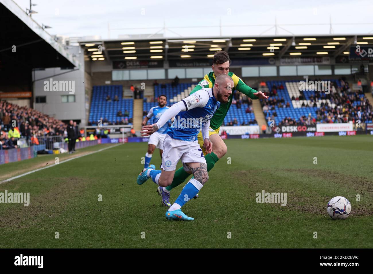 Joe Ward of Peterborough United battles to keep possession during the Sky Bet Championship match between Peterborough United and Preston North End at Weston Homes Stadium, Peterborough on Saturday 12th February 2022. (Photo by James Holyoak/MI News/NurPhoto) Stock Photo