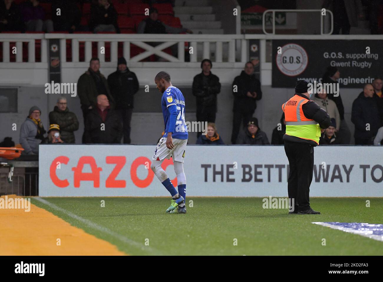 Oldham Athletic's Dylan Bahamboula is sent off by referee Robert Lewis during the Sky Bet League 2 match between Newport County and Oldham Athletic at Rodney Parade, Newport on Saturday 12th February 2022. (Photo by Eddie Garvey/MI News/NurPhoto) Stock Photo