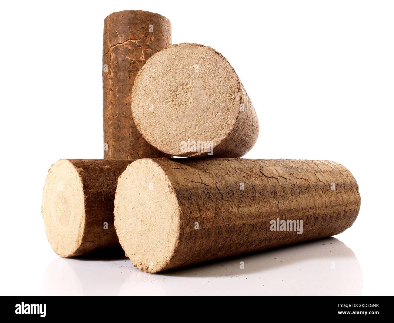 Round Hardwood Sawdust Briquettes Compressed Biomass Wood Fire Logs isolated on white