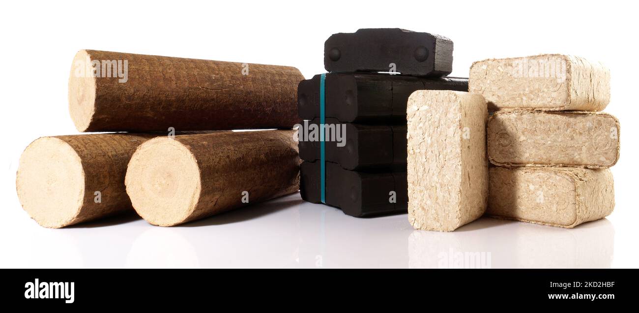 Firewood, Coal and Sawdust Briquettes - Compressed Wood Fire Logs isolated on white Background Stock Photo