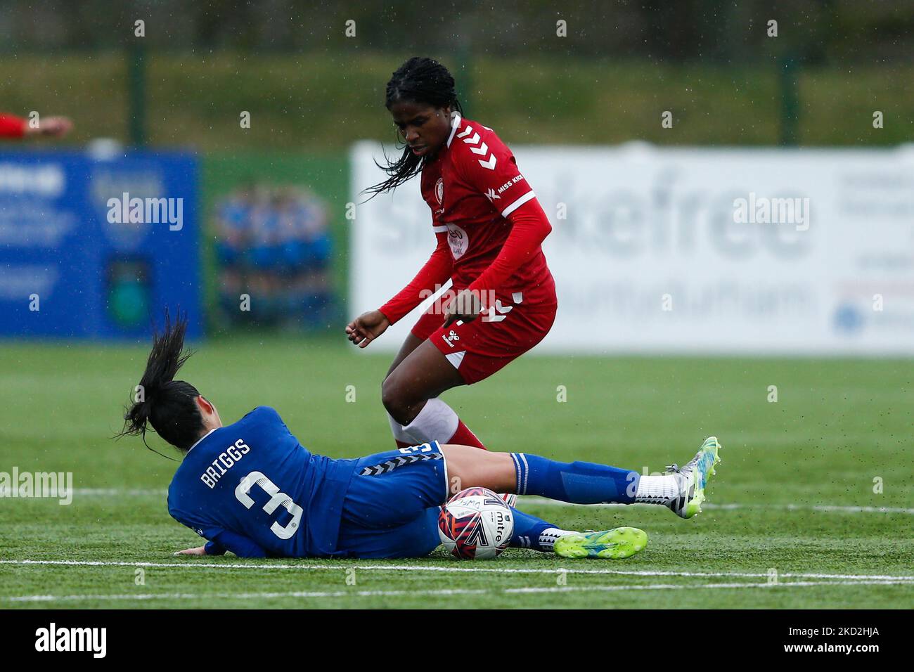Satara Murray of Bristol City and Lauren Briggs of Durham in action during the FA Women's Championship match between Durham Women FC and Bristol City at Maiden Castle, Durham City on Sunday 13th February 2022. (Photo by Will Matthews/MI News/NurPhoto) Stock Photo