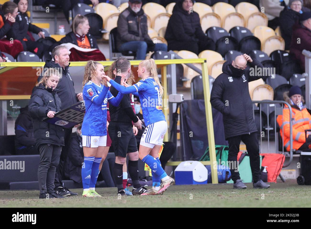 Charlie Devlin of Leicester City and Freya Gregory of Leicester City interact during the Barclays FA Women's Super League match between Leicester City and West Ham United at the Pirelli Stadium, Burton upon Trent on Sunday 13th February 2022. (Photo by James Holyoak/MI News/NurPhoto) Stock Photo