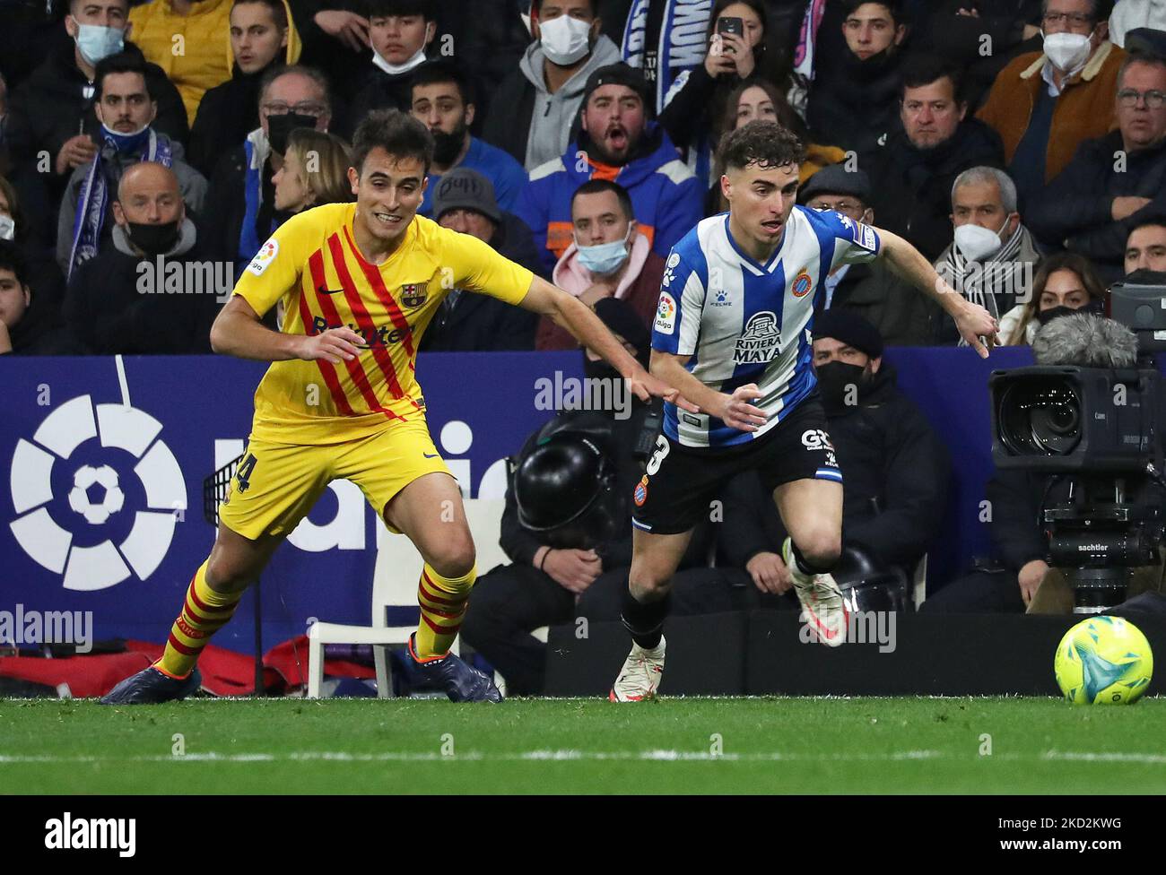 Adria Pedrosa and Eric Garcia during the match between RCD Espanyol and FC Barcelona, corresponding to the week 24 of the Liga Santander, played at the RCDE Stadium, in Barcelona, on 12th February 2022. (Photo by Joan Valls/Urbanandsport /NurPhoto) Stock Photo