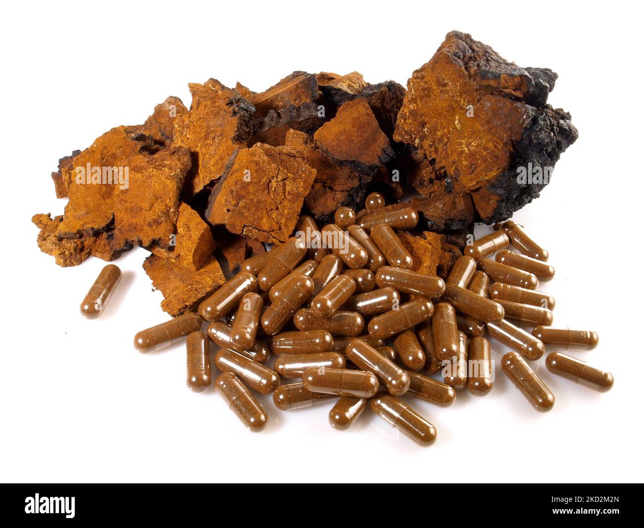 Chaga Mushroom with Capsules isolated on white Background - Healthy Nutrition Stock Photo