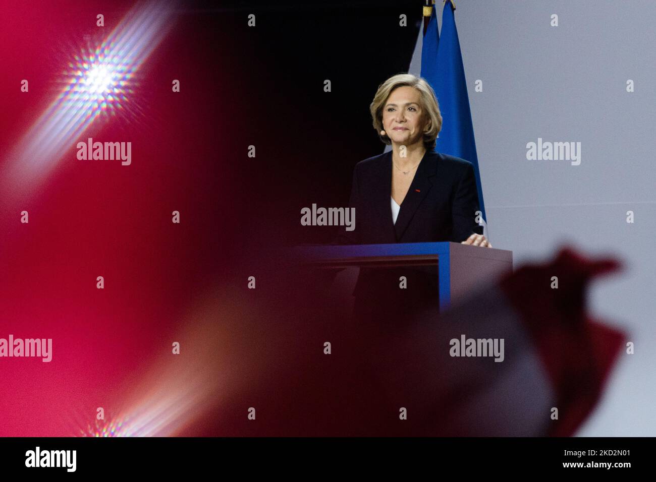 French conservative party Les Républicains (LR) presidential candidate Valérie Pécresse delivers a speech during her rally at the Zenith in Paris, France, Feb. 13, 2022, ahead of the French presidential election in April 2022. (Photo by Samuel Boivin/NurPhoto) Stock Photo