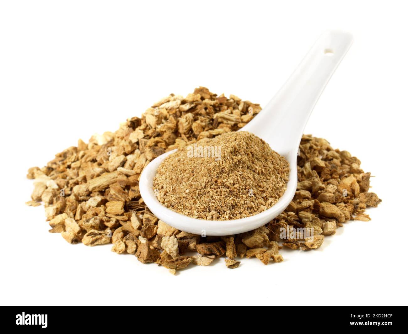 Dried Gentian Roots with Powder - Bitter Substance isolated on white Background Stock Photo