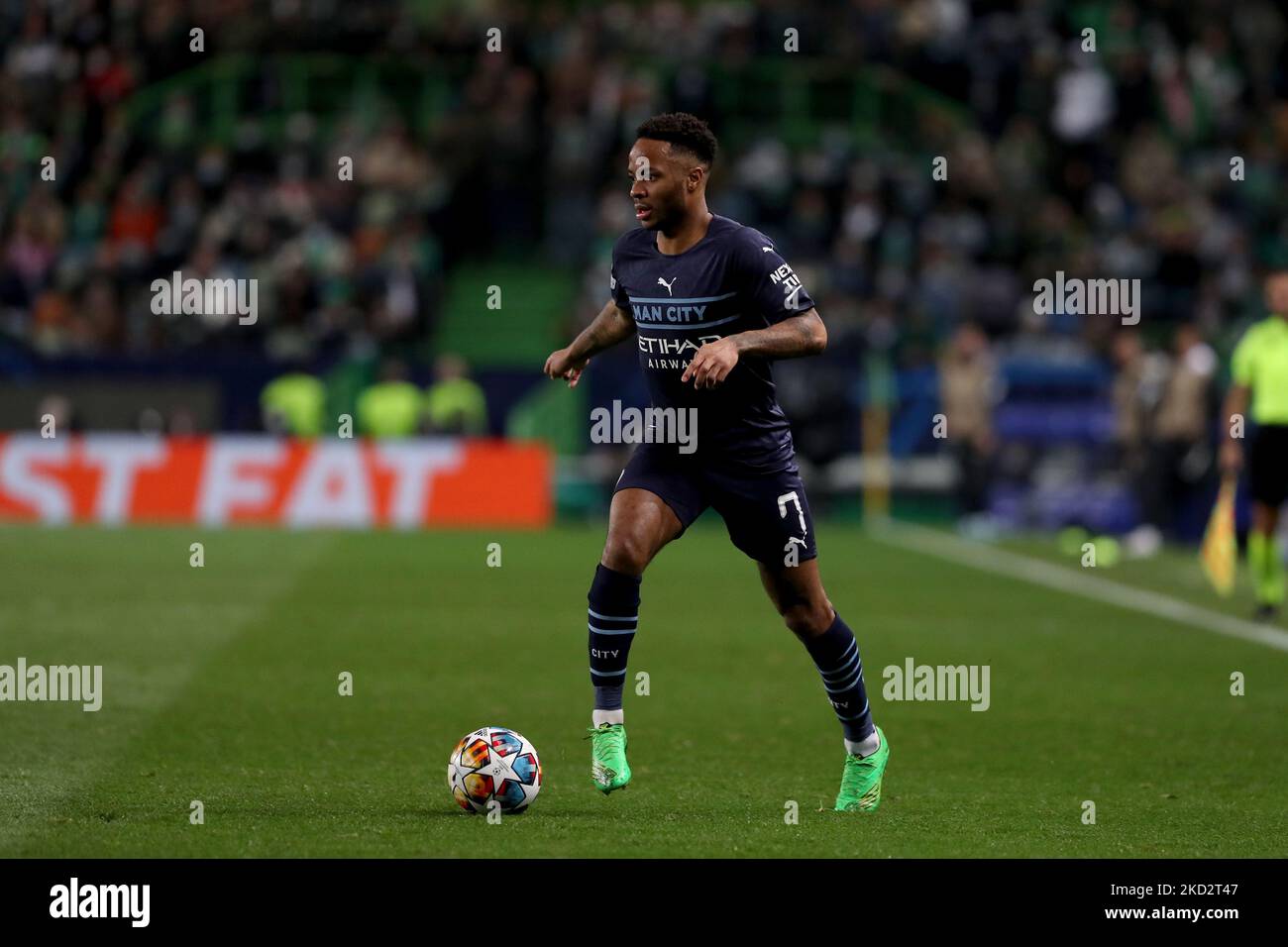 Raheem Sterling of Manchester City in action during the Round Of Sixteen Leg One - UEFA Champions League match between Sporting CP and Manchester City at Alvalade stadium in Lisbon, Portugal, on February 15, 2022. (Photo by Pedro FiÃºza/NurPhoto) Stock Photo