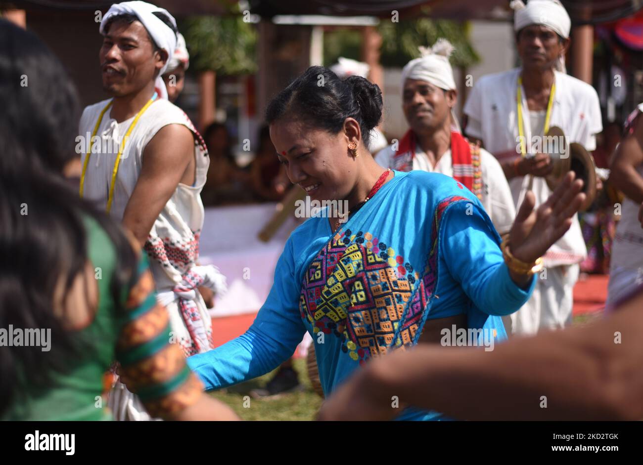 Mising tribal women dancing as they are celebrating Ali-Aye-Ligang festival in Guwahati, Assam, India on 16 February 2022. Ali-Aye-Ligang, the main harvest festival of the ethnic Mising community people, this spring festival associated with agriculture, especially with the beginning of the Ahu paddy cultivation. (Photo by David Talukdar/NurPhoto) Stock Photo