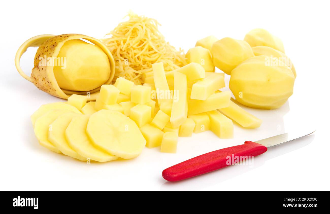 Peeled Potato in different cuts isolated on white Background - Cutting Potatoes Stock Photo
