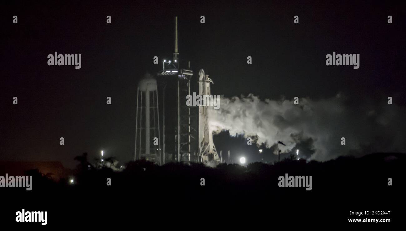 (EDITOR'S NOTE: This image has been converted to black and white),Spacex CRS 24, a Falcon 9 Rocket, fuels prior to launch on a resupply mission and Christmas Gift delivery to the International Space Station (Photo by George Wilson/NurPhoto) Stock Photo