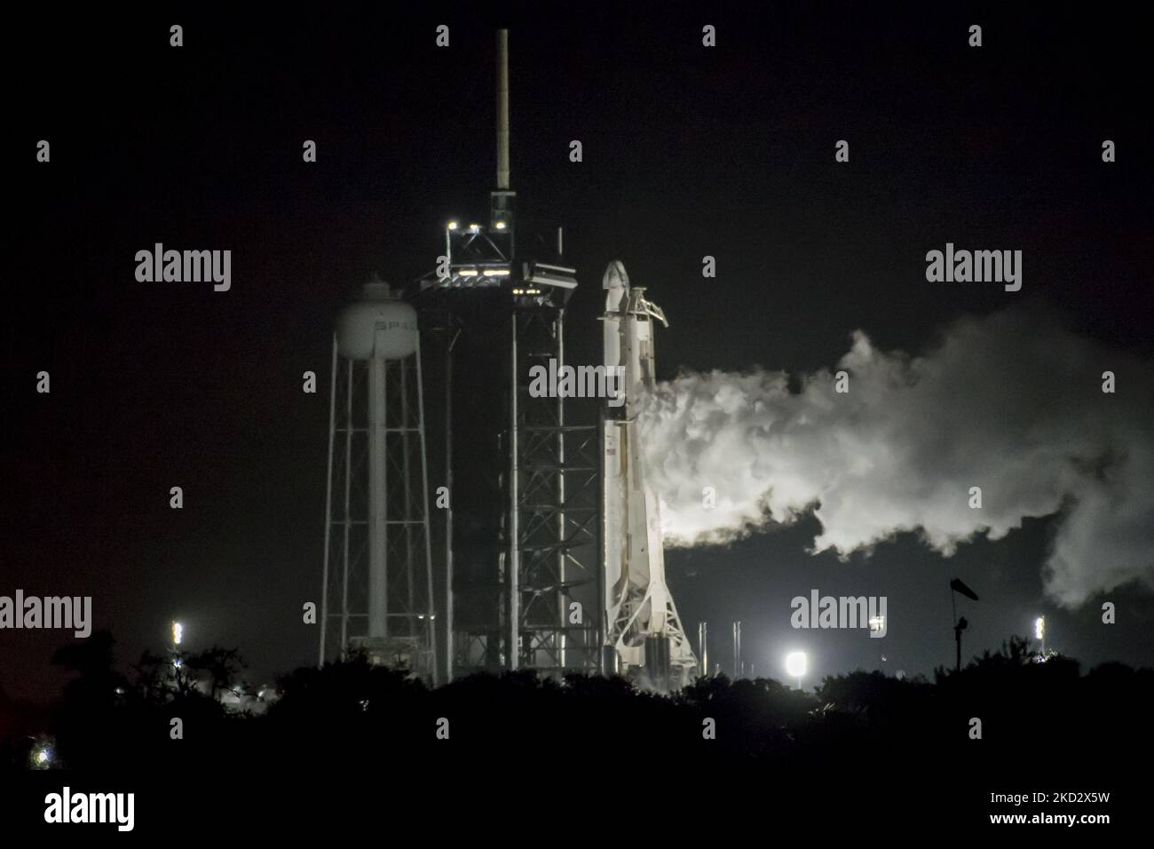 (EDITOR'S NOTE: This image has been converted to black and white), in the fog before dawn, Spacex CRS 24, a Falcon 9 Rocket, lifts off from launch pad 39A on a resupply mission and Christmas Gift delivery to the International Space Station (Photo by George Wilson/NurPhoto) Stock Photo