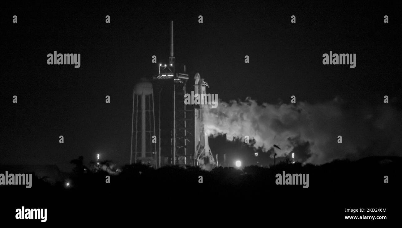 (EDITOR'S NOTE: This image has been converted to black and white), in the fog before dawn, Spacex CRS 24, a Falcon 9 Rocket, lifts off from launch pad 39A on a resupply mission and Christmas Gift delivery to the International Space Station (Photo by George Wilson/NurPhoto) Stock Photo