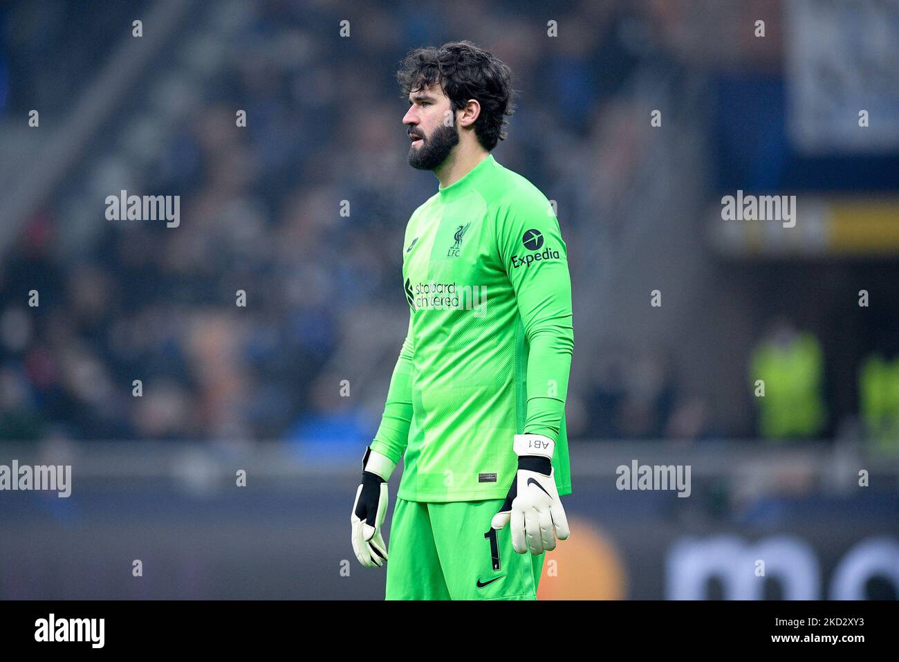 Alisson Becker of Liverpool FC looks on during the Round of Sixteen UEFA  Champions League Leg One match between FC Internazionale and Liverpool FC  at Stadio Giuseppe Meazza, Milan, Italy on 16