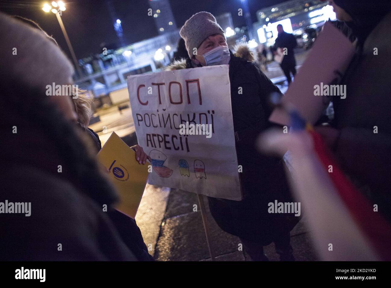 Woman holds a placard during Warsaw in solidarity with Ukraine protest in Warsaw on February 17, 2022. (Photo by Maciej Luczniewski/NurPhoto) Stock Photo
