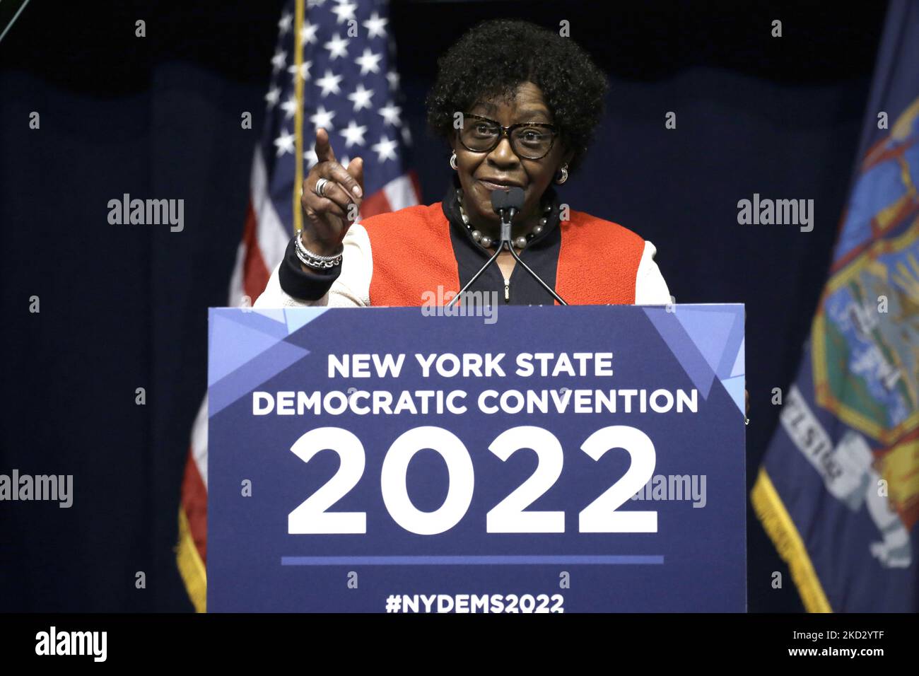 Kristen Stokes speaks during the 2022 New York State Democratic Convention at the Sheraton New York Times Square Hotel on February 17, 2022 in New York City. Former Secretary of State , Hillary Clinton introduced Kathy Hochul as the nominee for Governor of New York State. Hochul along with Lt. Governor Brian Benjamin and others nominated for statewide offices will be on the ballot this year the year of midterm elections. (Photo by John Lamparski/NurPhoto) Stock Photo
