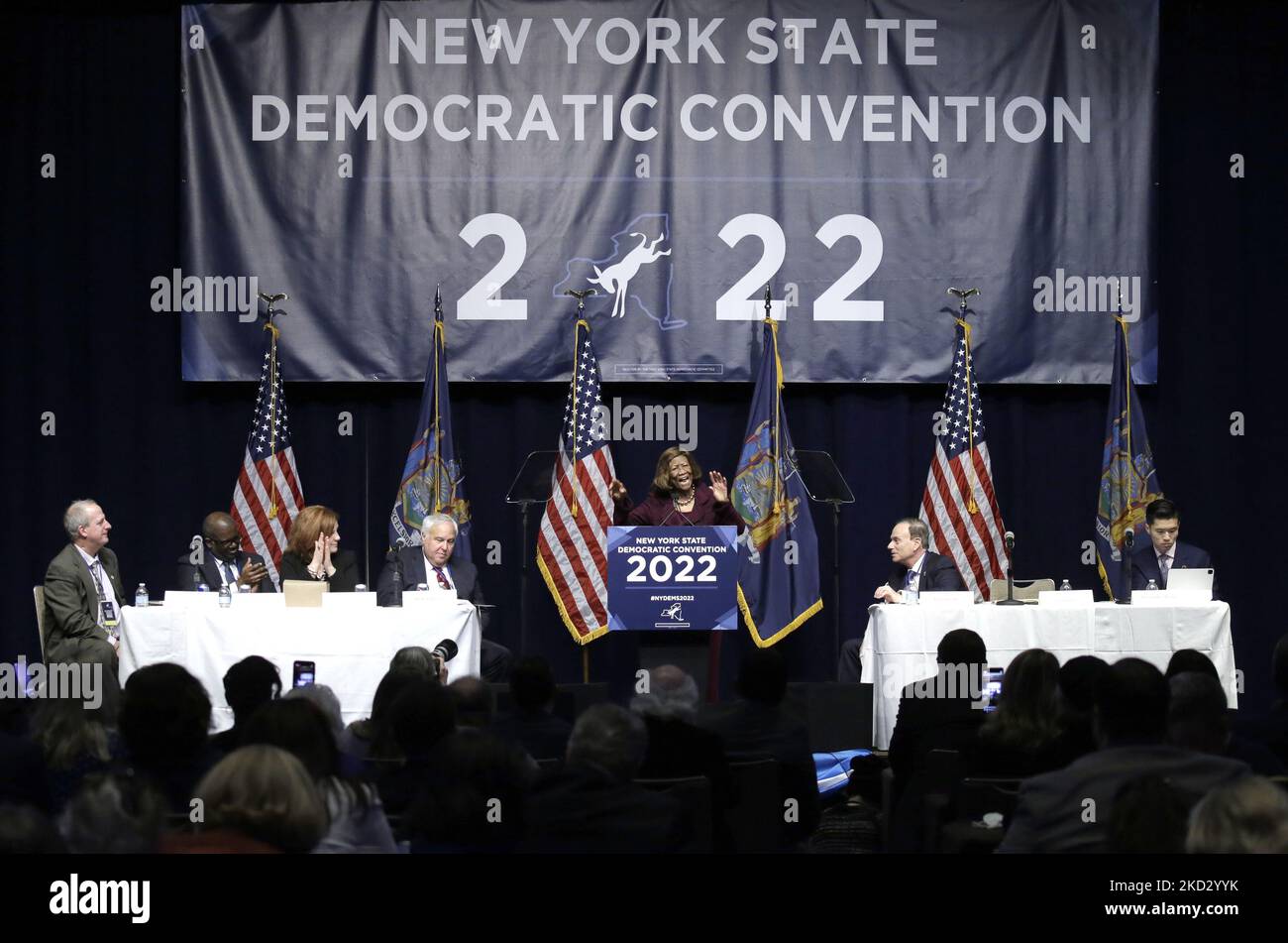 Hazel Dukes speaks during the 2022 New York State Democratic Convention at the Sheraton New York Times Square Hotel on February 17, 2022 in New York City. Former Secretary of State , Hillary Clinton introduced Kathy Hochul as the nominee for Governor of New York State. Hochul along with Lt. Governor Brian Benjamin and others nominated for statewide offices will be on the ballot this year the year of midterm elections. (Photo by John Lamparski/NurPhoto) Stock Photo