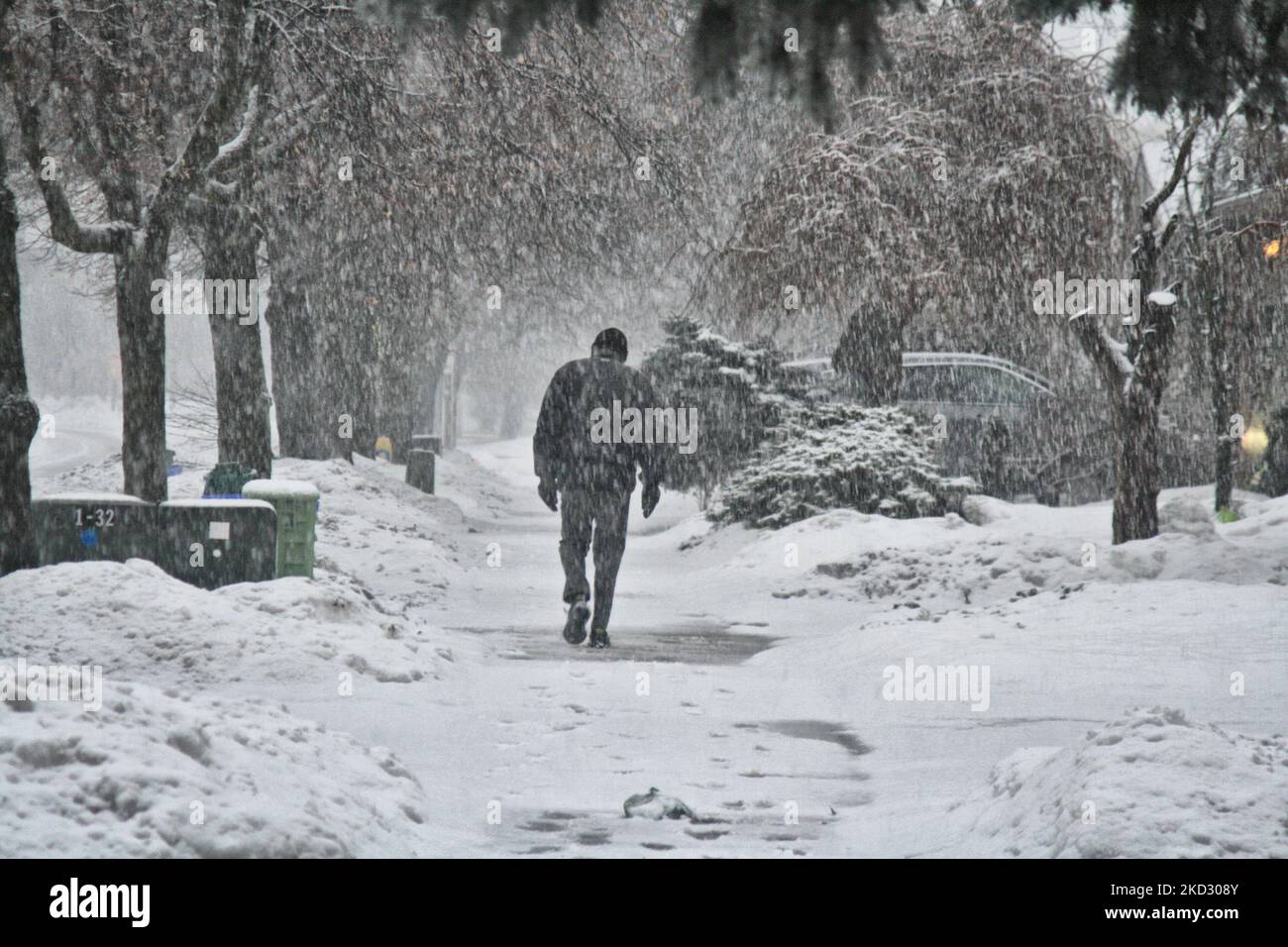 Man walking during heavy snowfall as a Winter storm hit Toronto ...