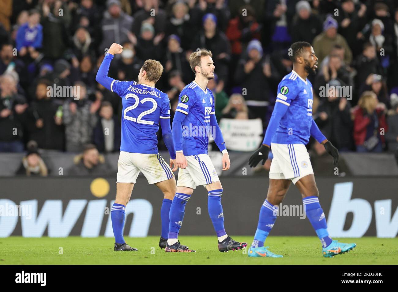 Kiernan Dewsbury-Hall #22 of Leicester City applauds the fans as