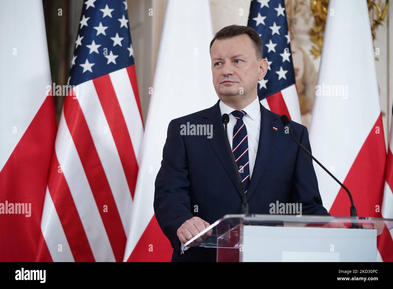 U.S. Defence Secretary Lloyd Austin and Polish Defence Minister Mariusz Blaszczak attend a press conference after meeting at Palace on the Isle in Royal Lazienki Park in Warsaw, Poland, on 18 February 2022. (Photo by Mateusz Wlodarczyk/NurPhoto) Stock Photo