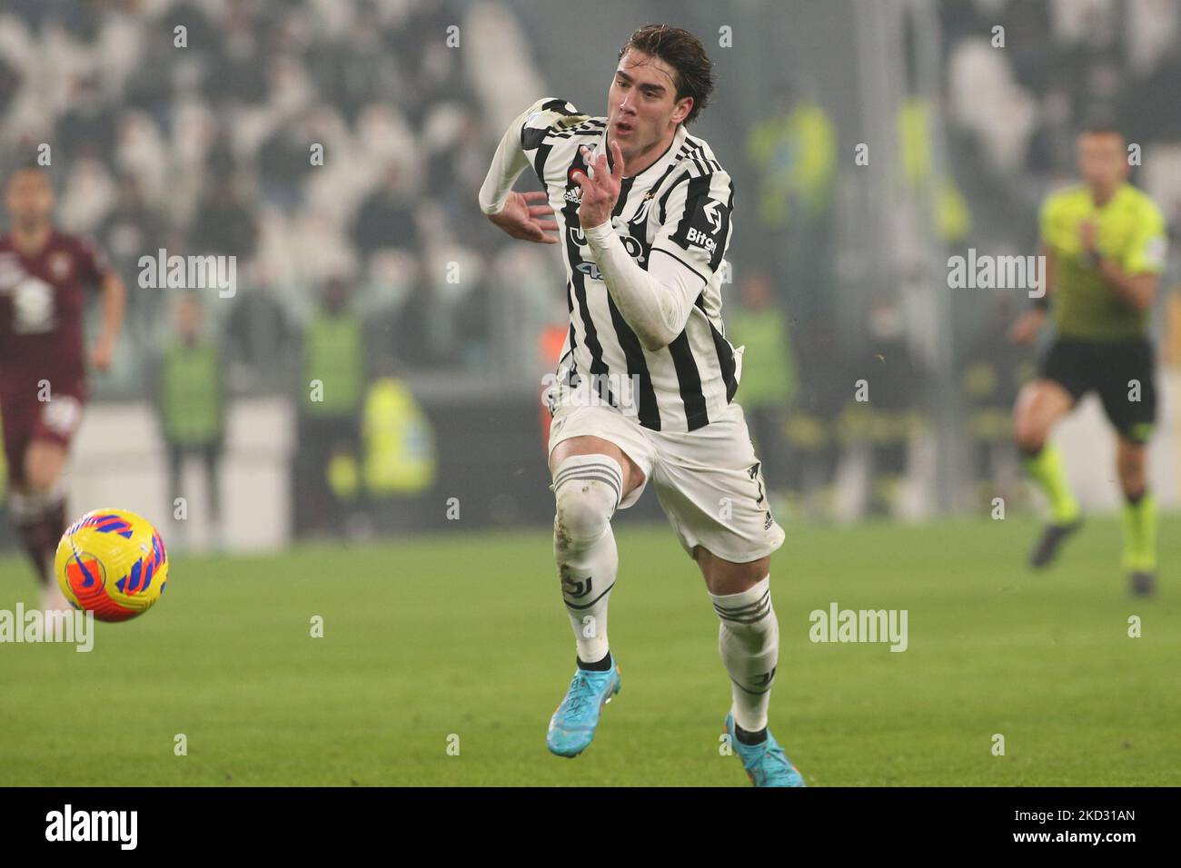 DuÅ¡an Vlahovic (Juventus FC) during the italian soccer Serie A match Juventus FC vs Torino FC on February 18, 2022 at the Allianz Stadium in Turin, Italy (Photo by Claudio Benedetto/LiveMedia/NurPhoto) Stock Photo