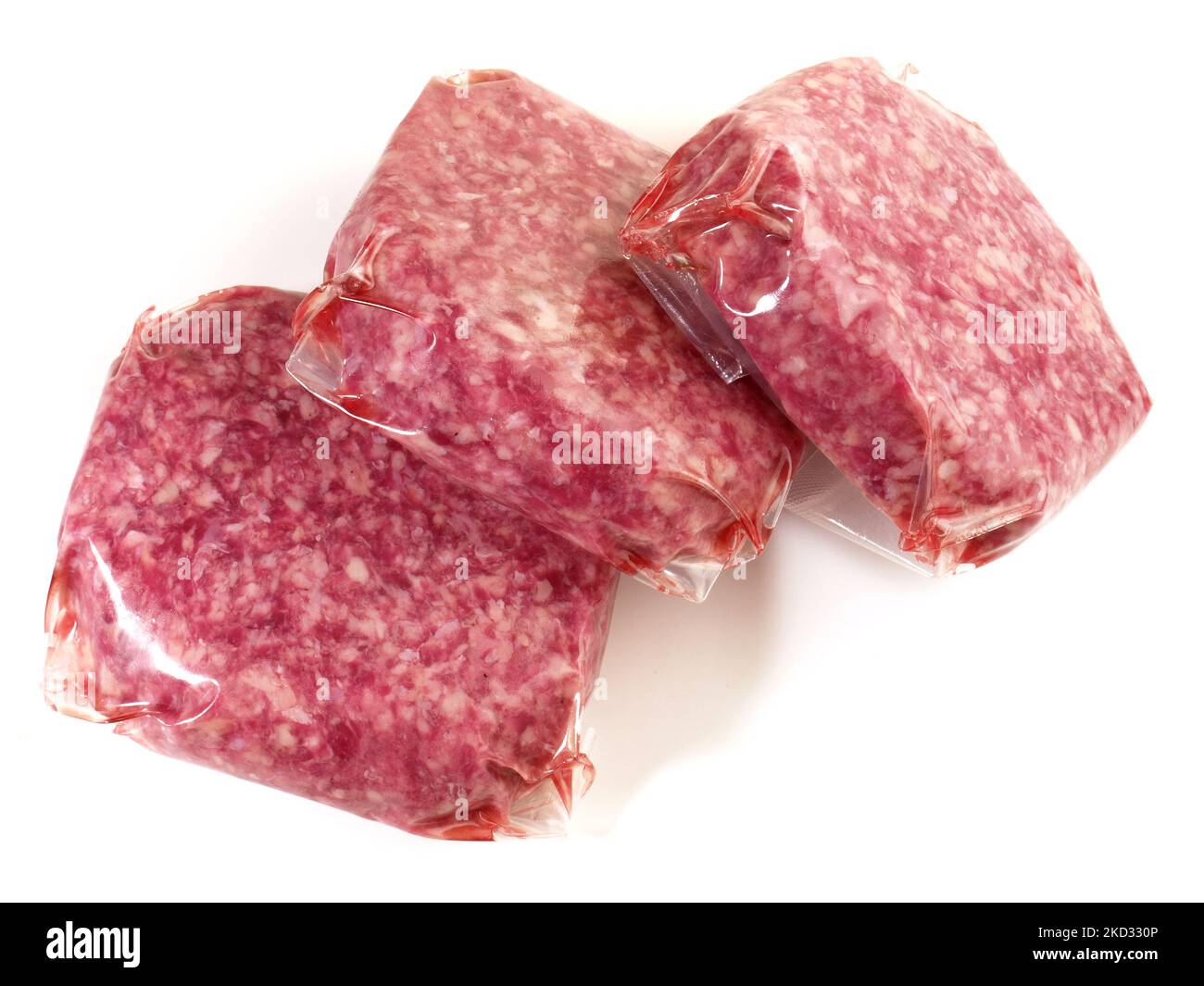 Beef Meat Patties in Vacuum Bags isolated on white Background Stock Photo