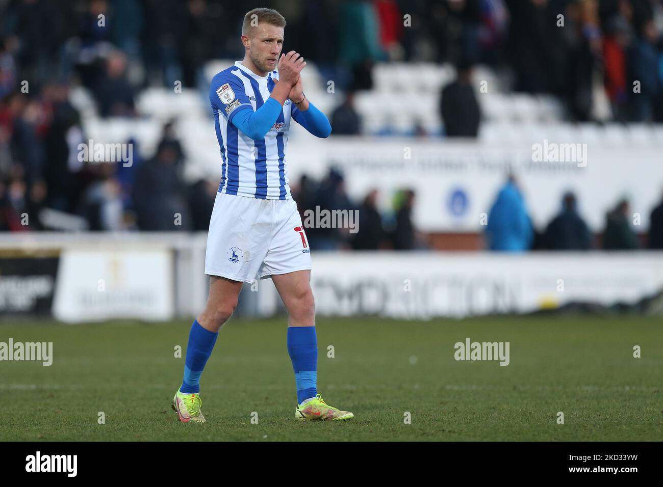 Marcus Carver of Hartlepool United applauds their fans after the Sky Bet League 2 match between Hartlepool United and Sutton United at Victoria Park, Hartlepool on Saturday 19th February 2022. (Photo by Mark Fletcher/MI News/NurPhoto) Stock Photo