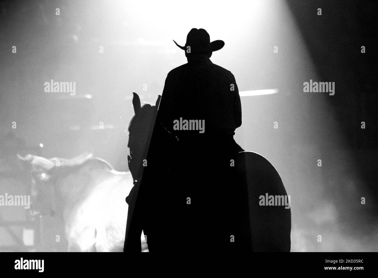 Silohuetted by spotlights a cowboy watches over KO2, a famous bull on the rodeo circuit during the opening ceromonies of the Silver Spurs 148th Rodeo Season in Kissimmee, Florida, USA. (Photo by George Wilson/NurPhoto) Stock Photo