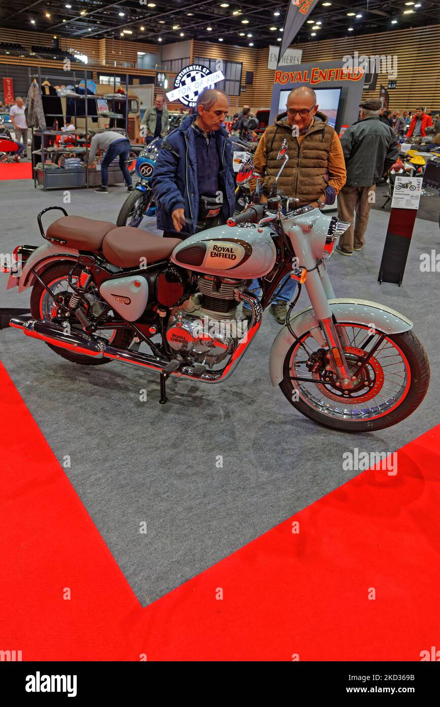 LYON, FRANCE, November 4, 2022 : Royal Enfield motorbike at the Motor Show Epoq'Auto. The exhibition is held at Eurexpo each year with more than 70000 Stock Photo