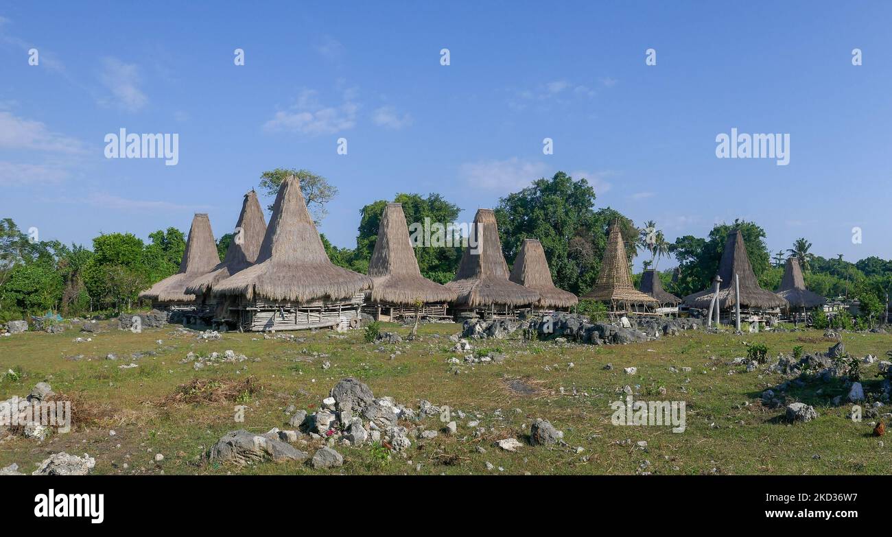 Panorama view of rural Tosi traditional village with spectacular houses, Kodi, West Sumba island, East Nusa Tenggara, Indonesia Stock Photo