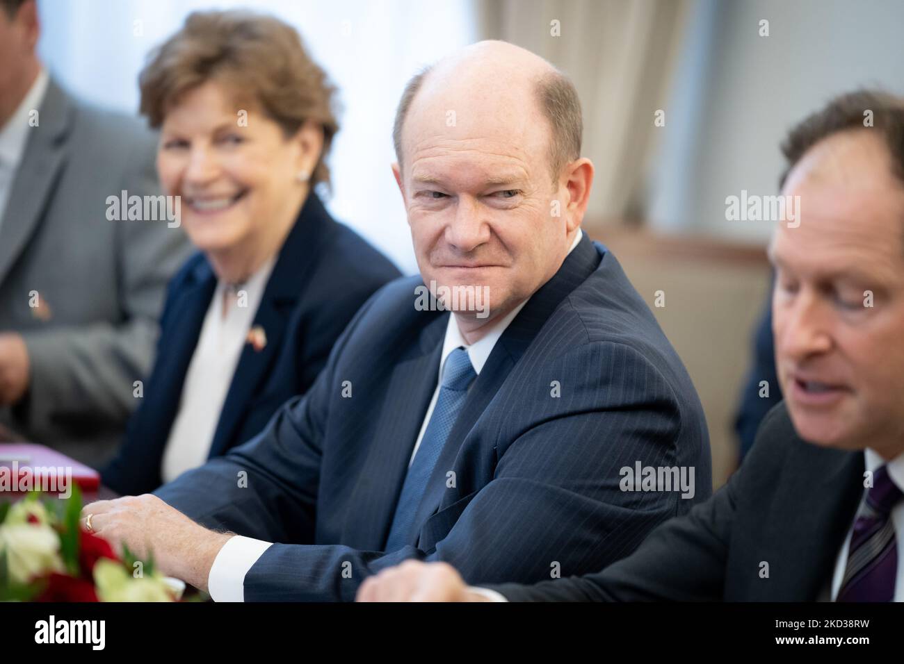 United States Senator Jeanne Shaheen and Senator Chris Coons during the visit in the Polish Senat (upper house of the parliament), in Warsaw, Poland, on 21 February 2022. (Photo by Mateusz Wlodarczyk/NurPhoto) Stock Photo
