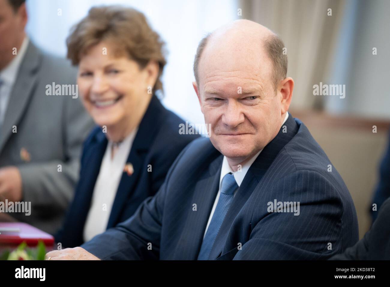 United States Senator Jeanne Shaheen and Senator Chris Coons during the visit in the Polish Senat (upper house of the parliament), in Warsaw, Poland, on 21 February 2022. (Photo by Mateusz Wlodarczyk/NurPhoto) Stock Photo