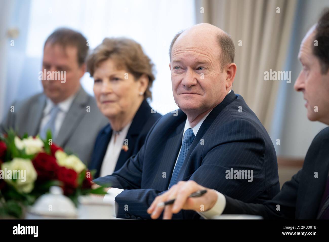 United States Senator Jeanne Shaheen and Senator Chris Coons during the visit in the Polish Senat (upper house of the parliament), in Warsaw, Poland, on 21 February 2022. (Photo by Mateusz Wlodarczyk/NurPhoto) Stock Photo