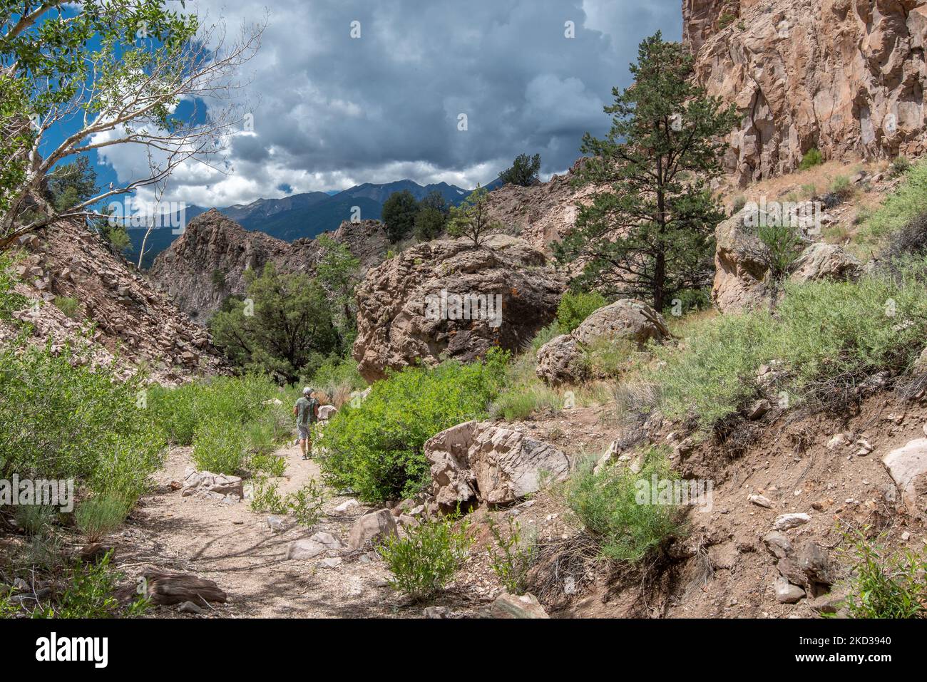 A lone hiker heading down the wash of a remote canyon in the Colorado wilderness. Stock Photo