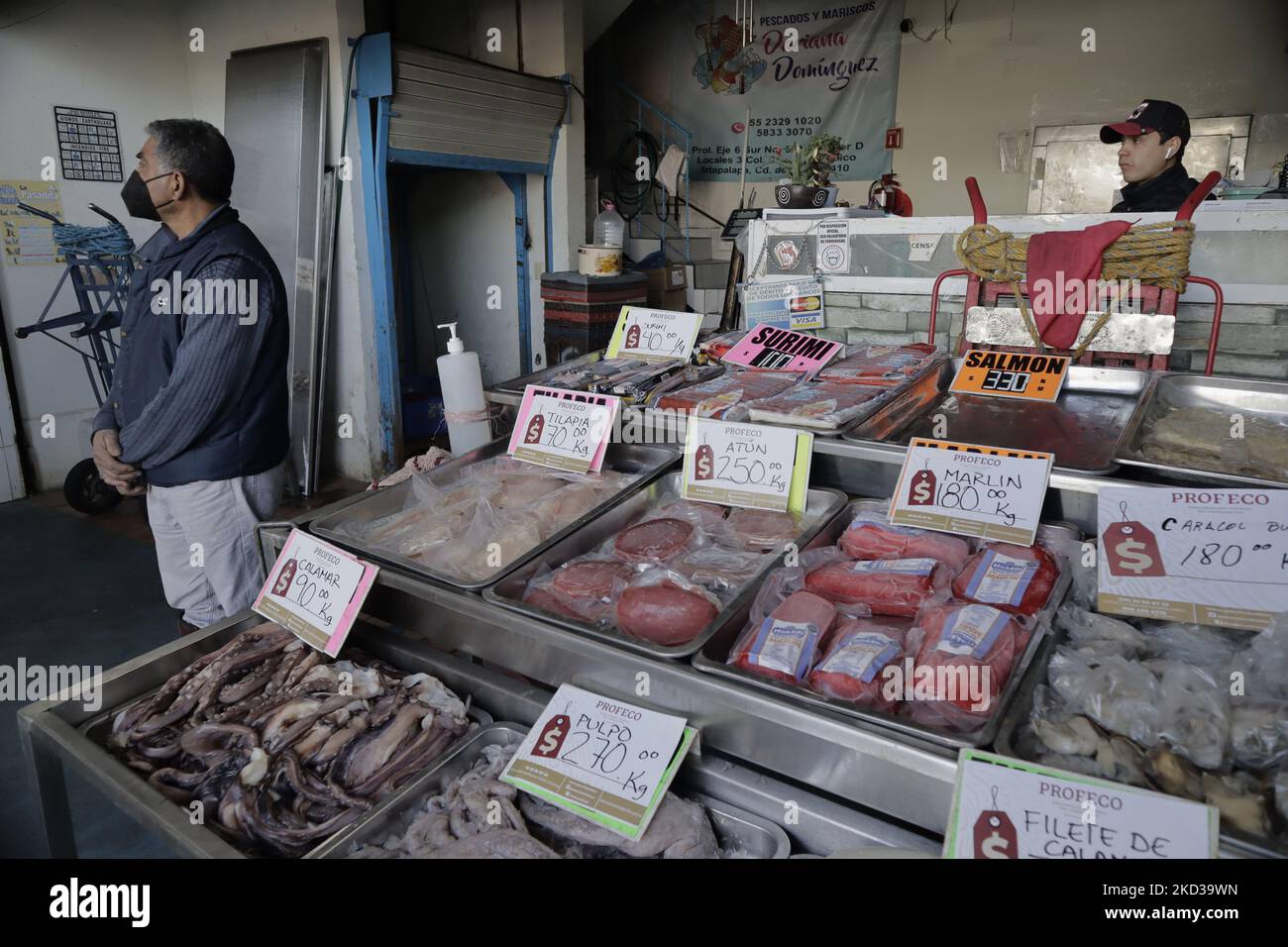 Fish and seafood sales inside the Nueva Viga Market located in